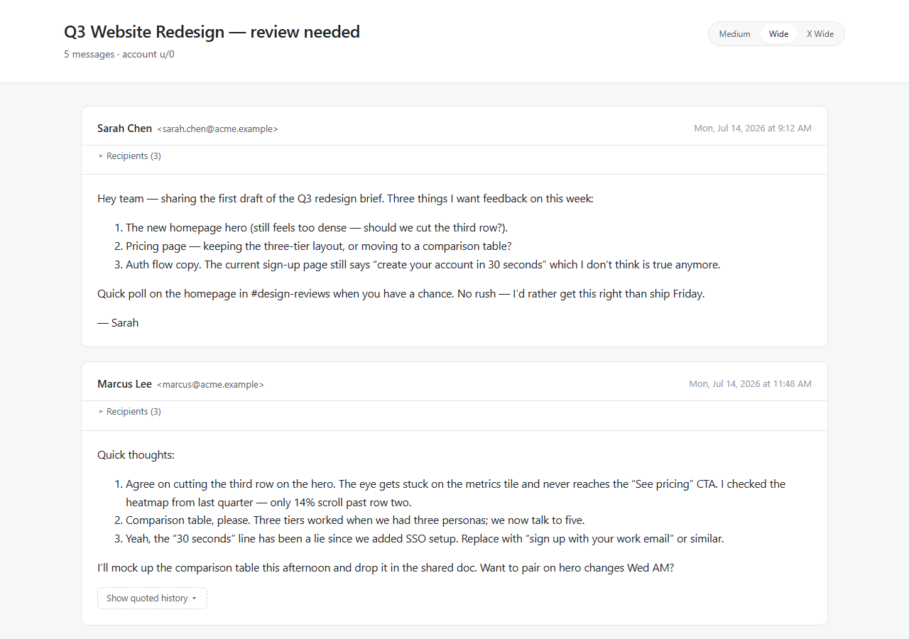 A Gmail thread rendered in ThreadView's clean reading view